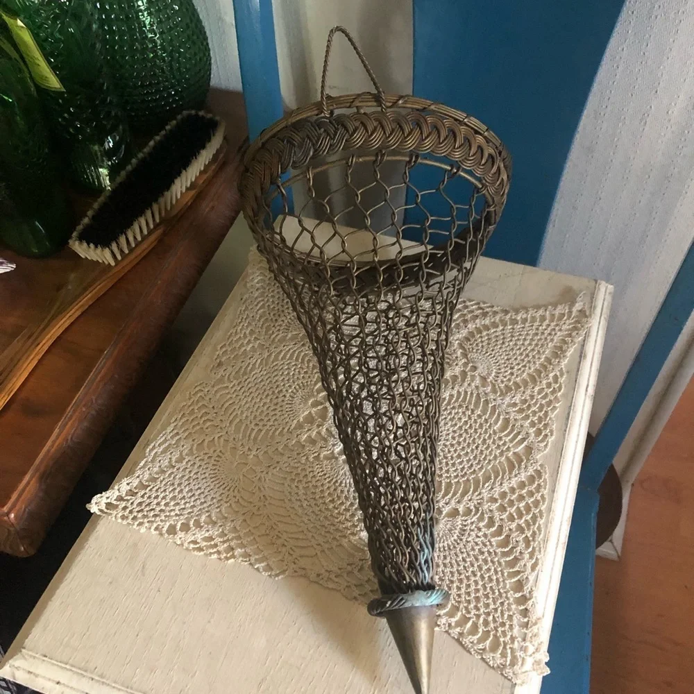 Antique French Brass Woven Chainmail-Style Wall Pocket Hanging Vase